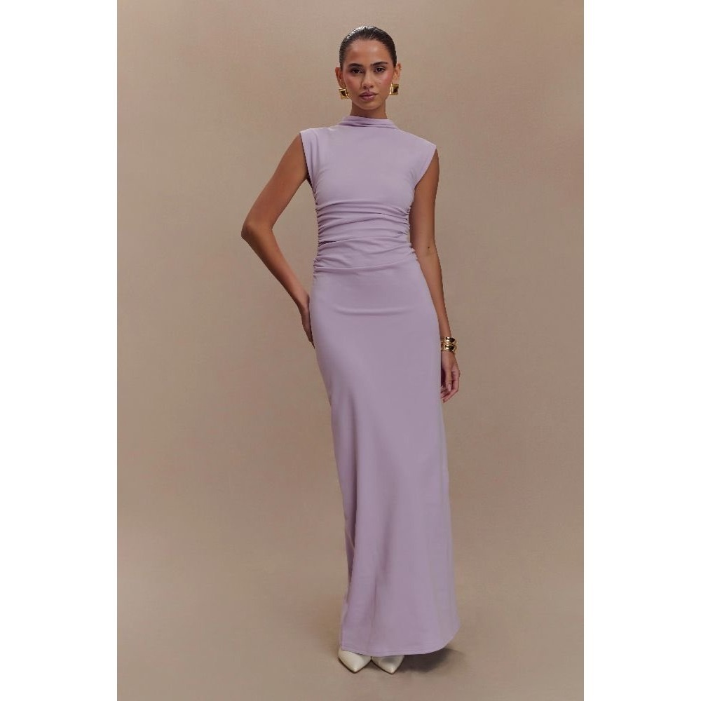 MESHKI Elliot Lilac High Neck Ruched Cotton Jersey Maxi Dress Size S